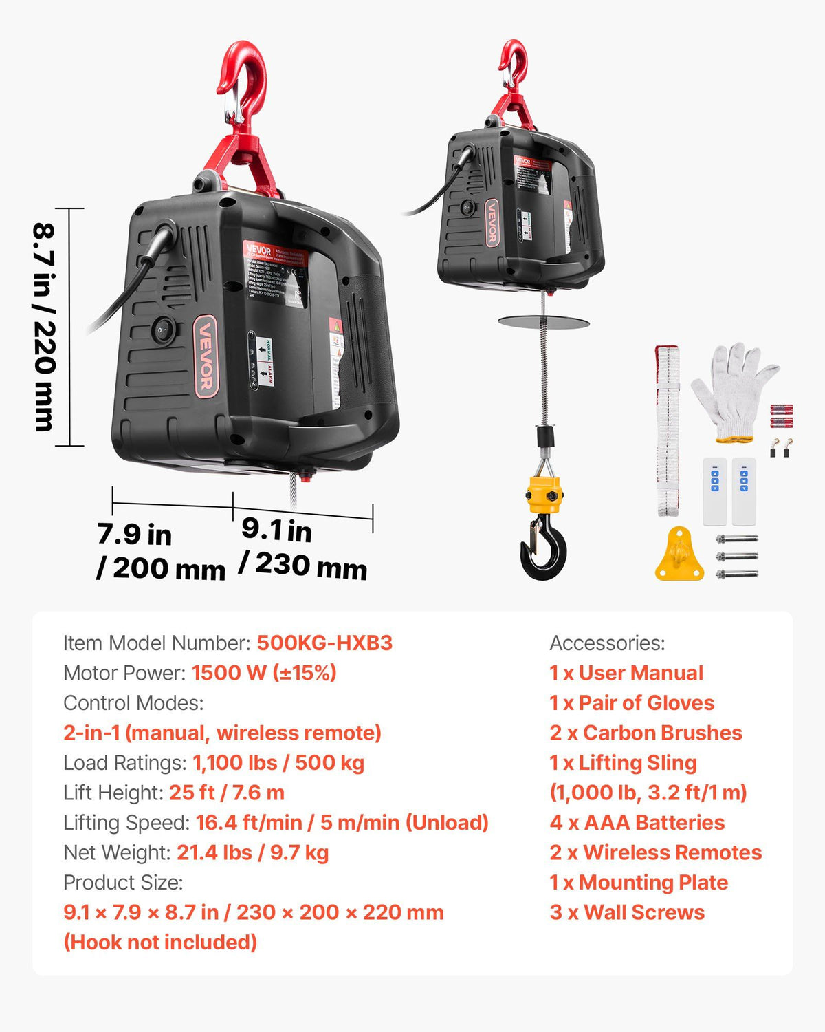 2-in-1 Electric Hoist Winch, 500 kg Capacity, 1500W Portable Power Winch Crane, 7.6 m Lifting Height, 5 m/min V952-CGGGKBXSDDHL4I4OH001V3
