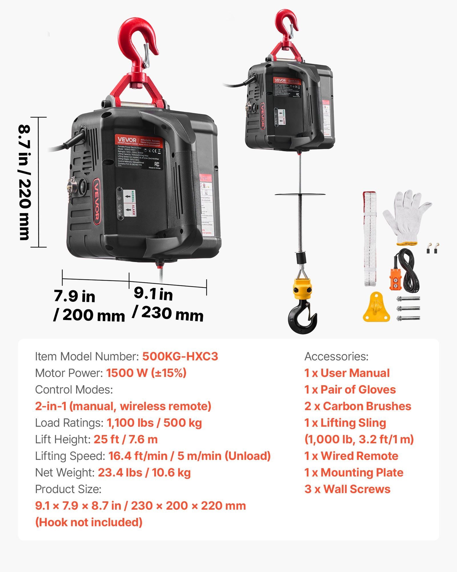 2-in-1 Electric Hoist Winch, 500 kg Capacity, 1500W Portable Power Winch Crane, 7.6 m Lifting Height, 5 m/min V952-CGGGKBXSDDHL73MQ6001V3
