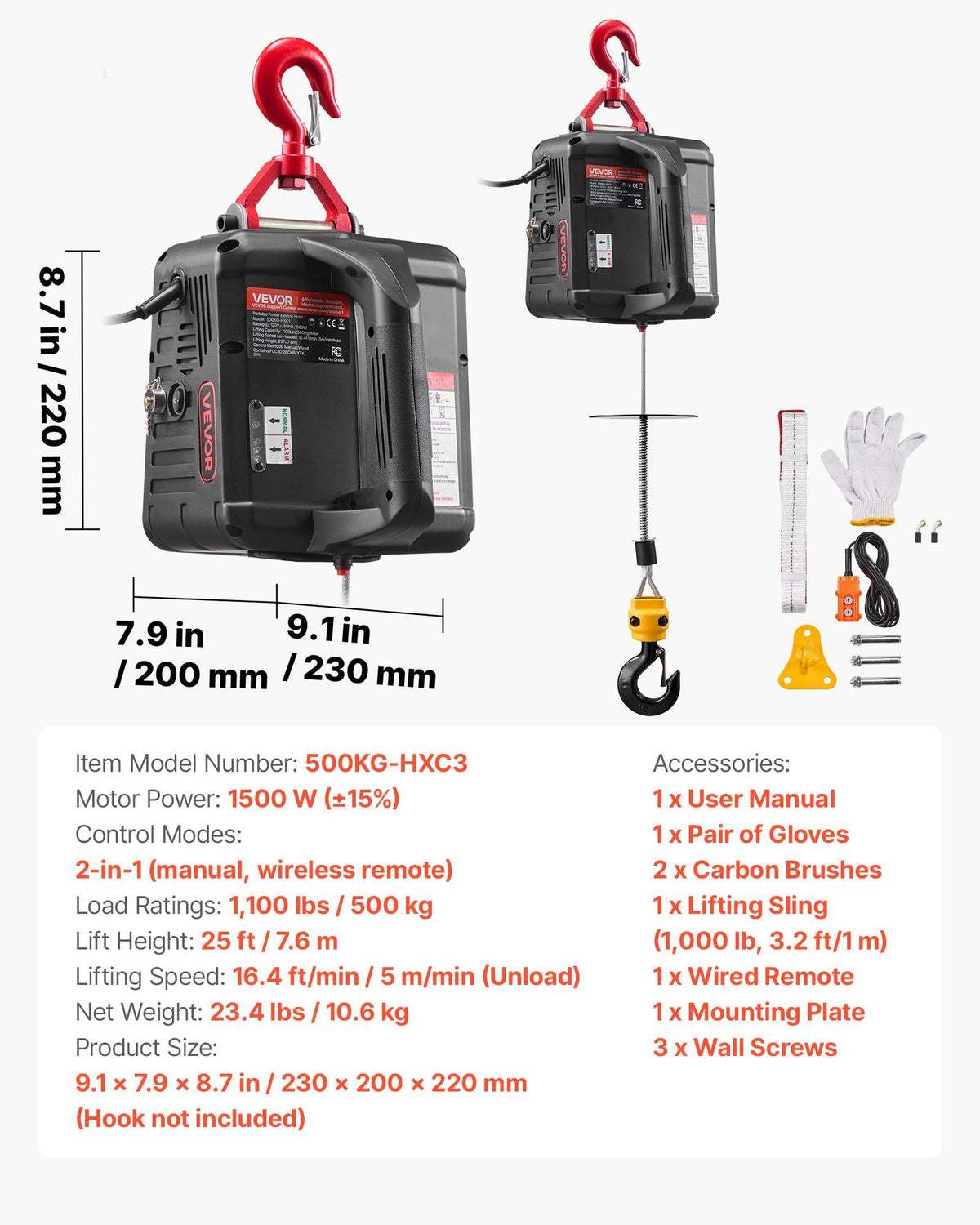 2-in-1 Electric Hoist Winch, 500 kg Capacity, 1500W Portable Power Winch Crane, 7.6 m Lifting Height, 5 m/min V952-CGGGKBXSDDHL73MQ6001V3
