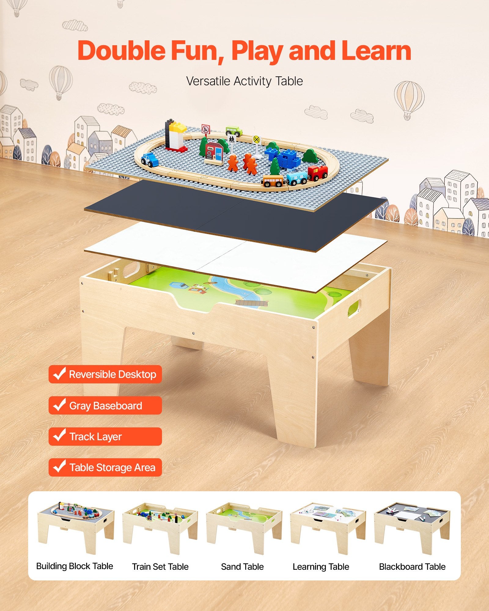 Multi-Purpose Activity Play Table 290 Building Bricks & 30 PCS Accessories V952-CGKHCZ305216IRWXQ001V0