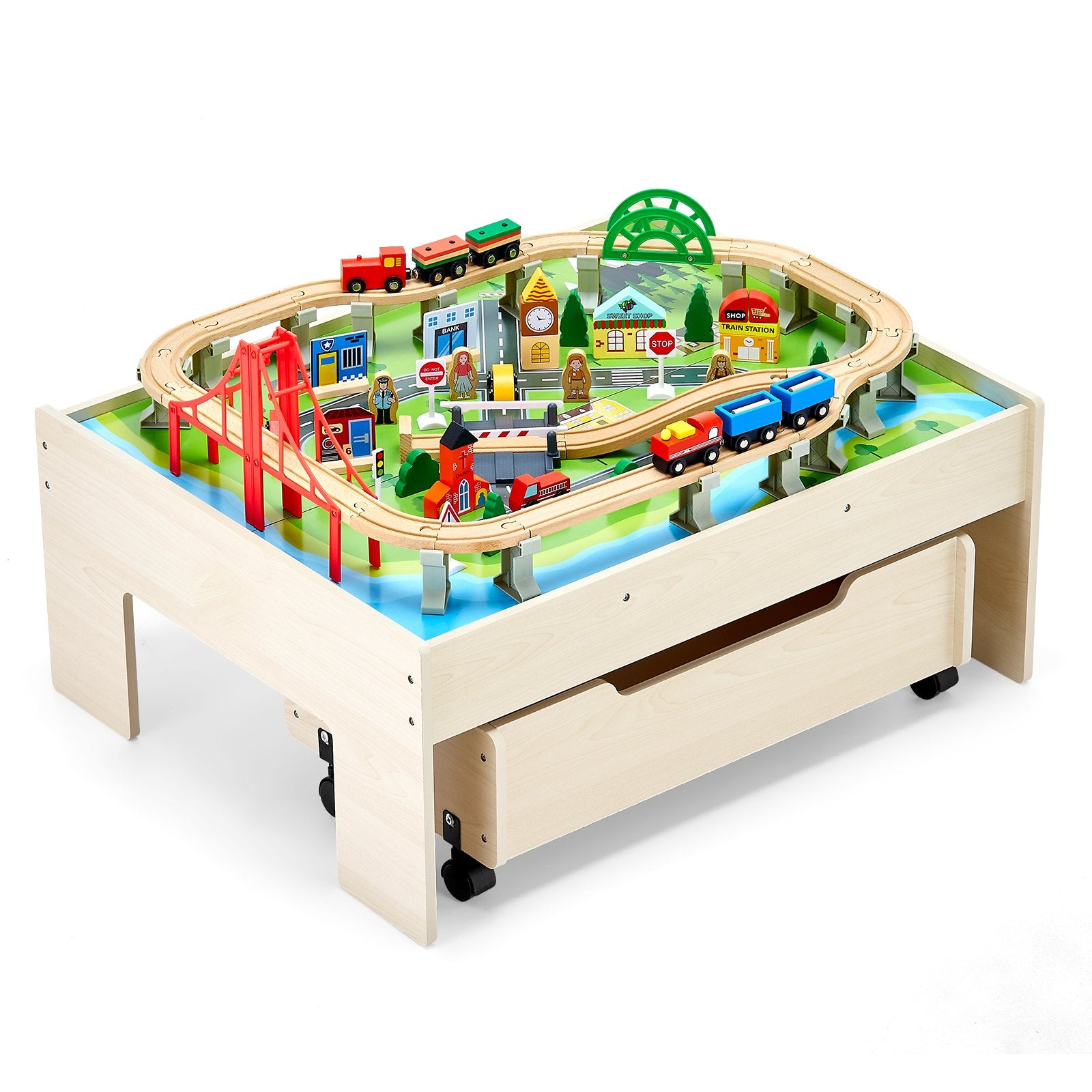Train Table 100 PCS Wooden Kids Activity Table with Rolling Storage Drawer V952-CGKHCZ312513ALK2I001V0