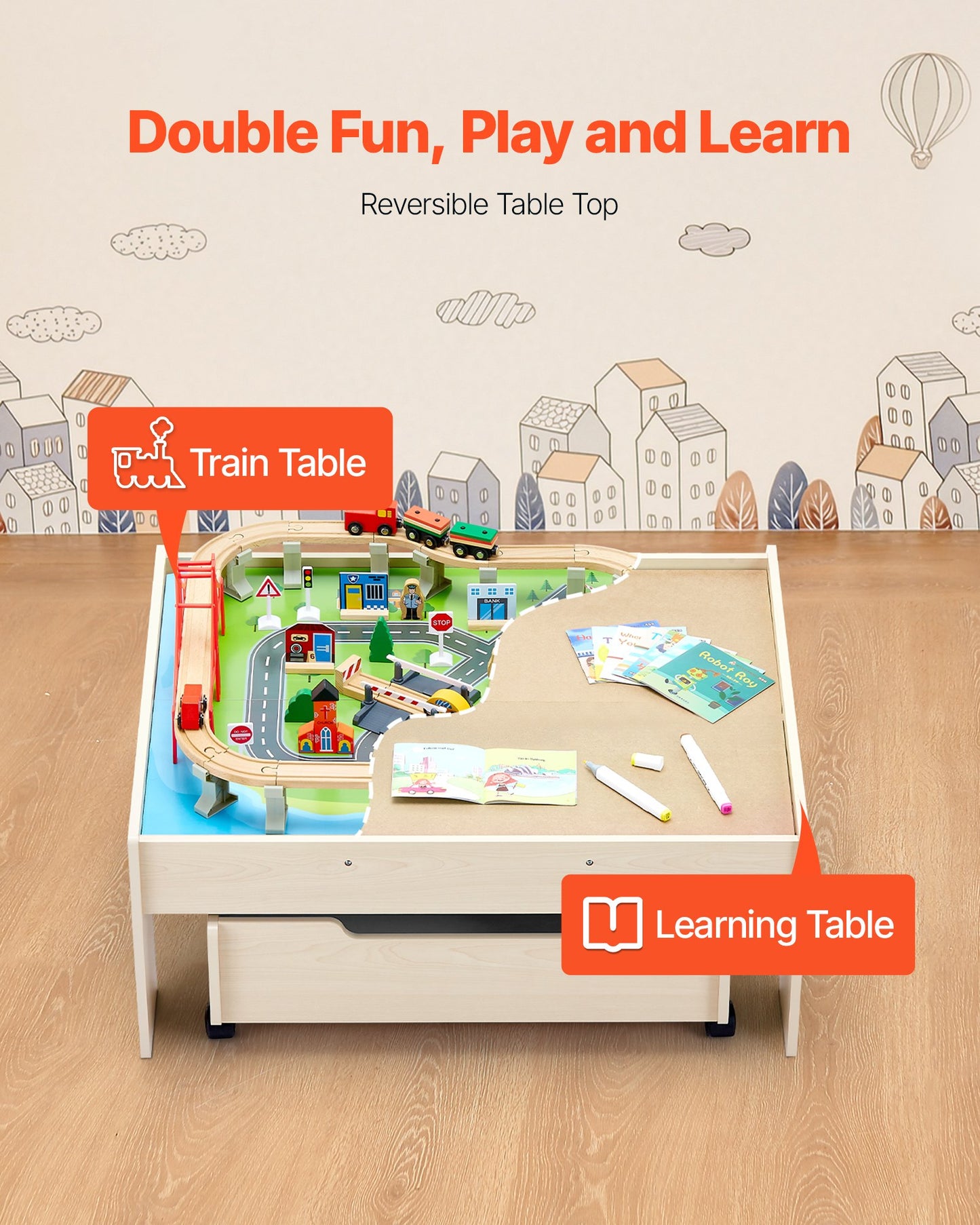 Train Table 100 PCS Wooden Kids Activity Table with Rolling Storage Drawer V952-CGKHCZ312513ALK2I001V0