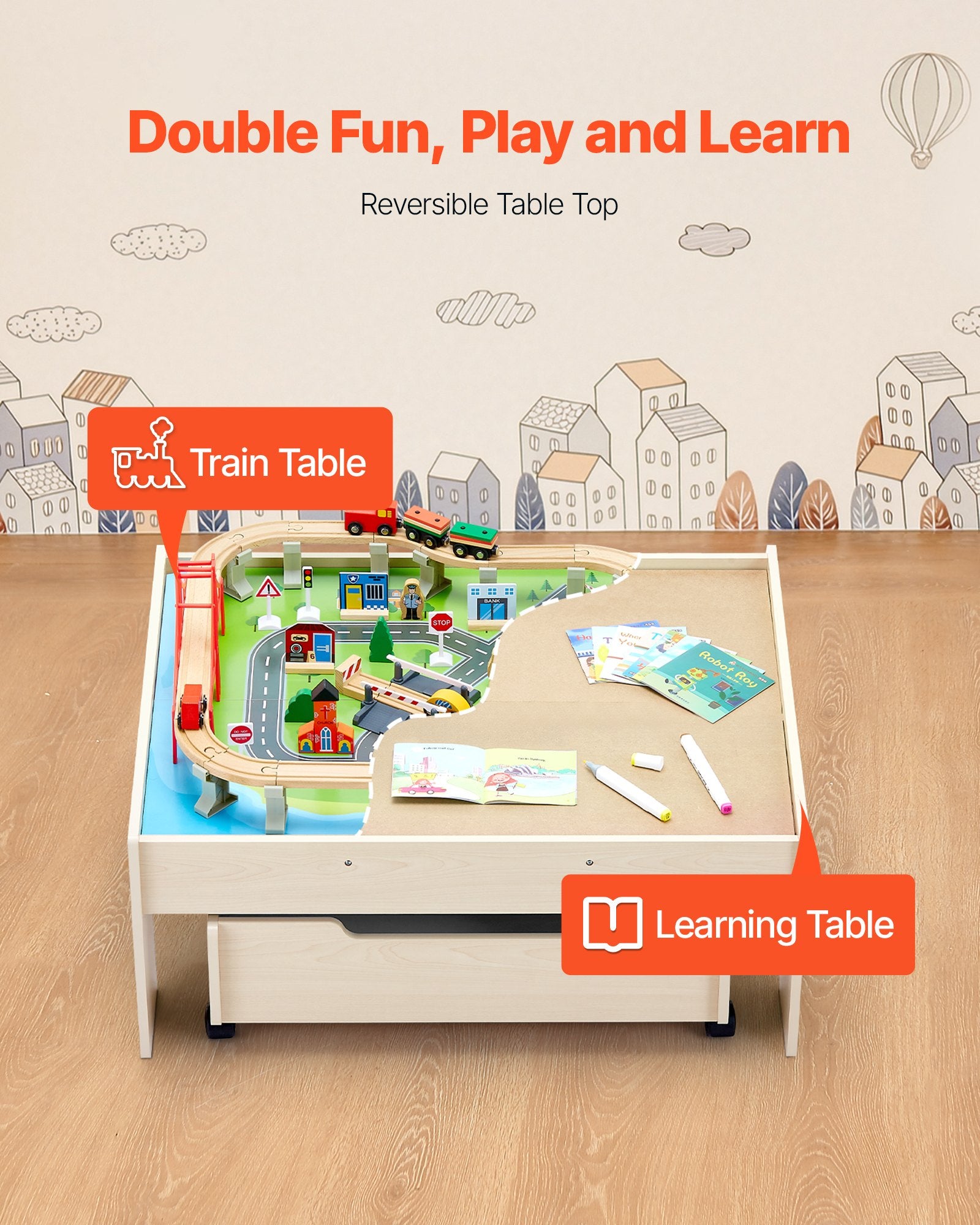 Train Table 100 PCS Wooden Kids Activity Table with Rolling Storage Drawer V952-CGKHCZ312513ALK2I001V0