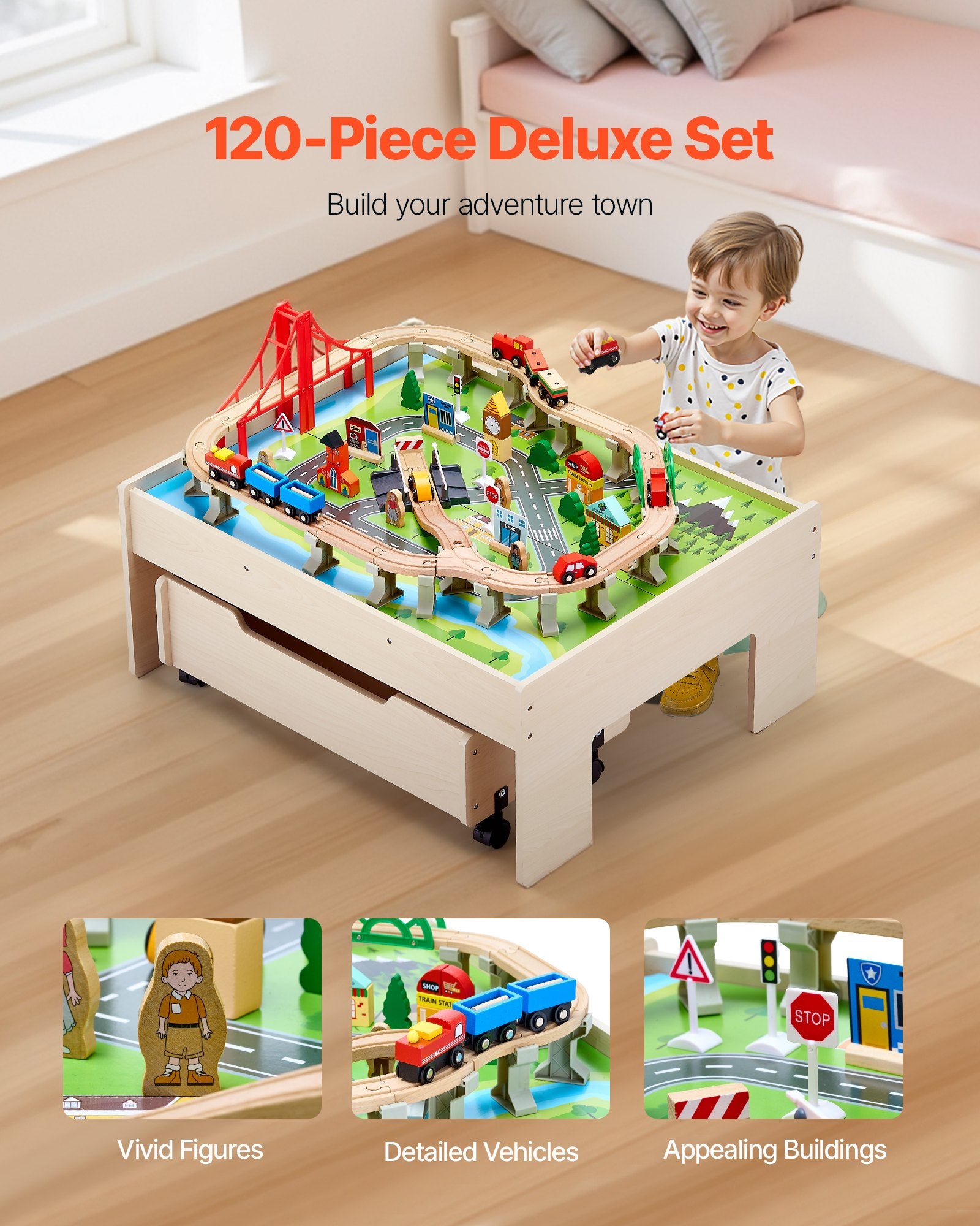 Train Table 100 PCS Wooden Kids Activity Table with Rolling Storage Drawer V952-CGKHCZ312513ALK2I001V0