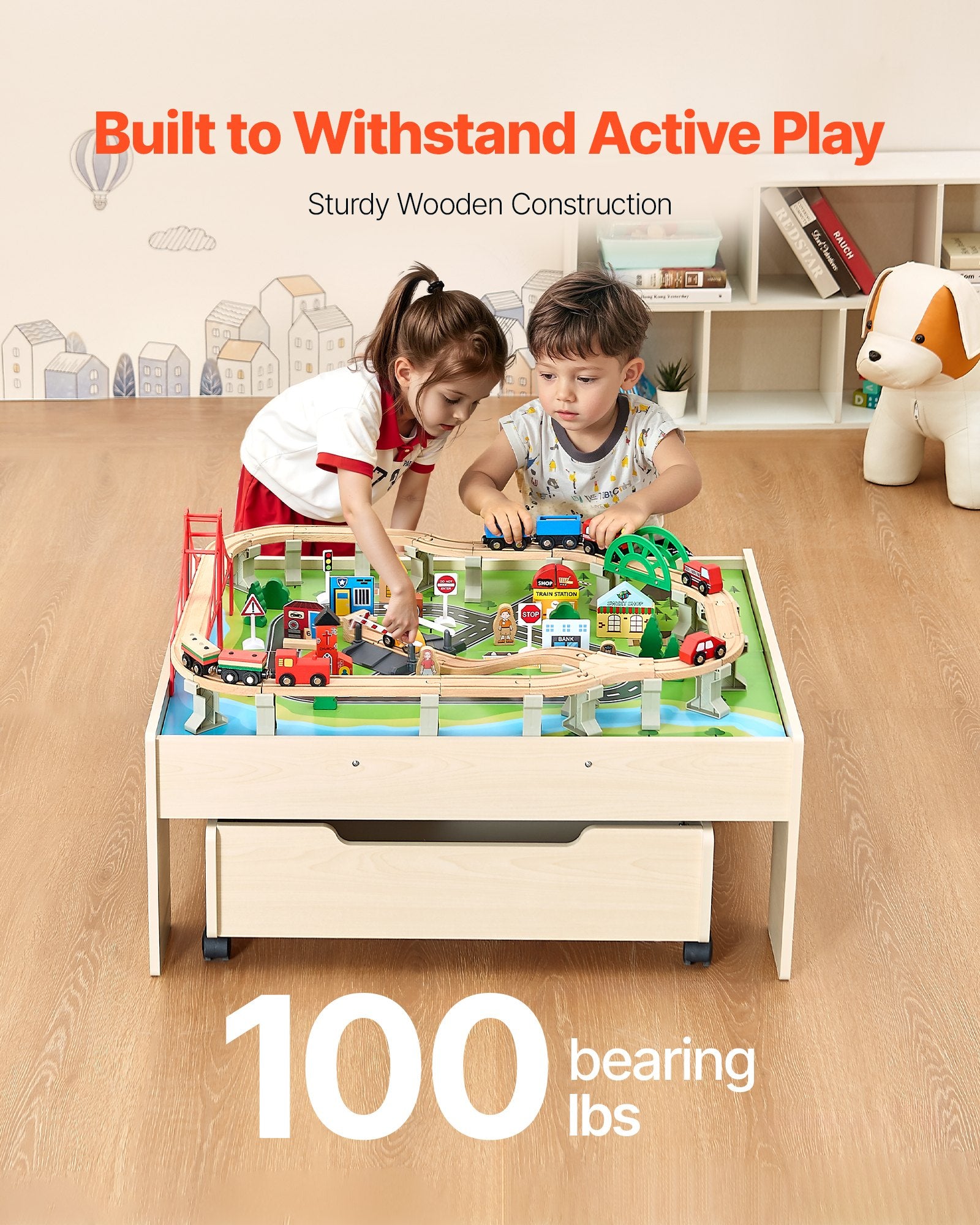 Train Table 100 PCS Wooden Kids Activity Table with Rolling Storage Drawer V952-CGKHCZ312513ALK2I001V0
