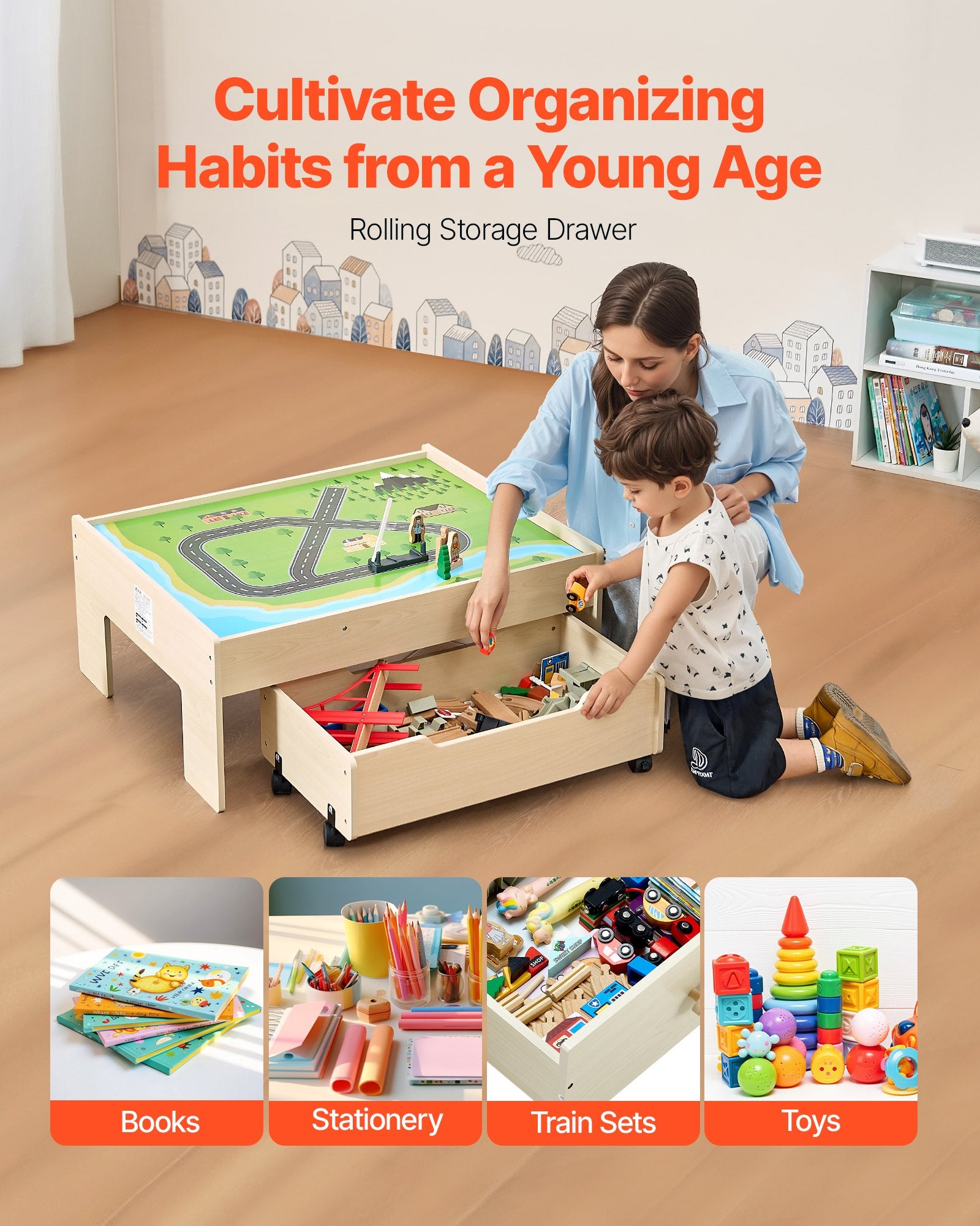 Train Table 100 PCS Wooden Kids Activity Table with Rolling Storage Drawer V952-CGKHCZ312513ALK2I001V0