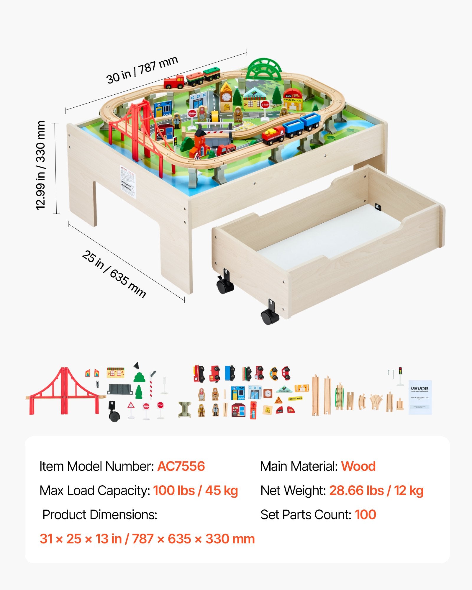 Train Table 100 PCS Wooden Kids Activity Table with Rolling Storage Drawer V952-CGKHCZ312513ALK2I001V0