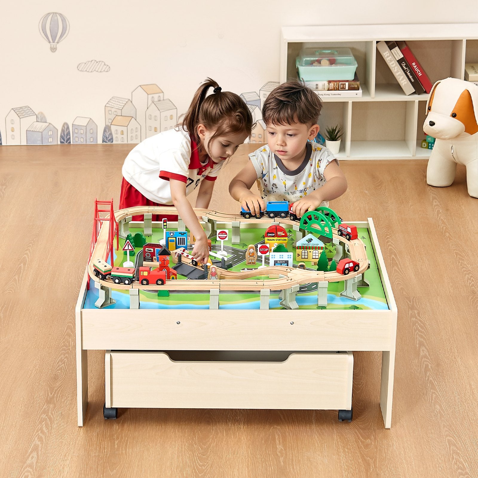 Train Table 100 PCS Wooden Kids Activity Table with Rolling Storage Drawer V952-CGKHCZ312513ALK2I001V0