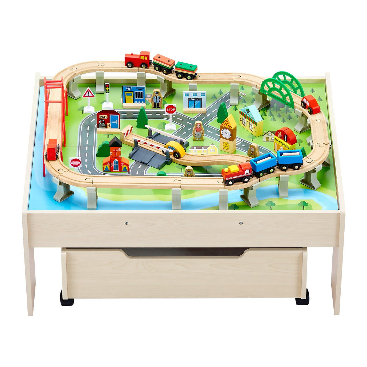 Train Table 100 PCS Wooden Kids Activity Table with Rolling Storage Drawer V952-CGKHCZ312513ALK2I001V0