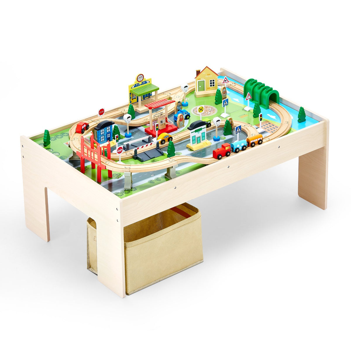 Train Table, 84 Multicolor Pieces Wooden Kids Activity Table with Collapsible Storage Bin, 3-in-1 Wooden V952-CGKHCZ382451O3JQK001V0