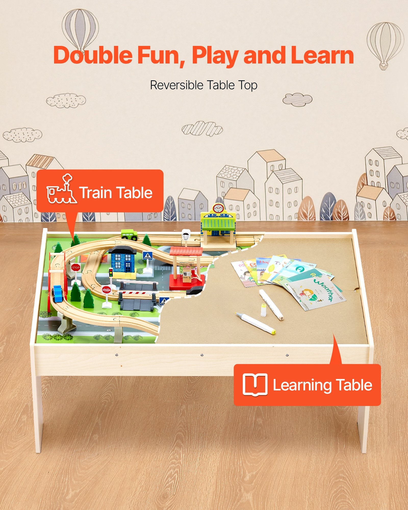Train Table, 84 Multicolor Pieces Wooden Kids Activity Table with Collapsible Storage Bin, 3-in-1 Wooden V952-CGKHCZ382451O3JQK001V0