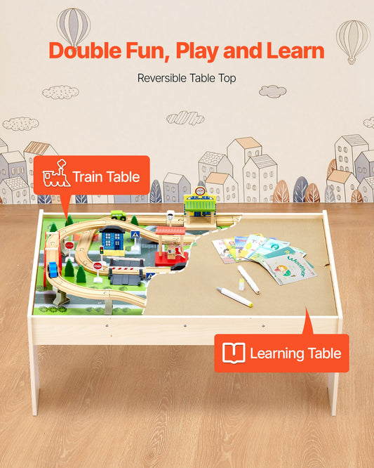 Train Table, 84 Multicolor Pieces Wooden Kids Activity Table with Collapsible Storage Bin, 3-in-1 Wooden V952-CGKHCZ382451O3JQK001V0