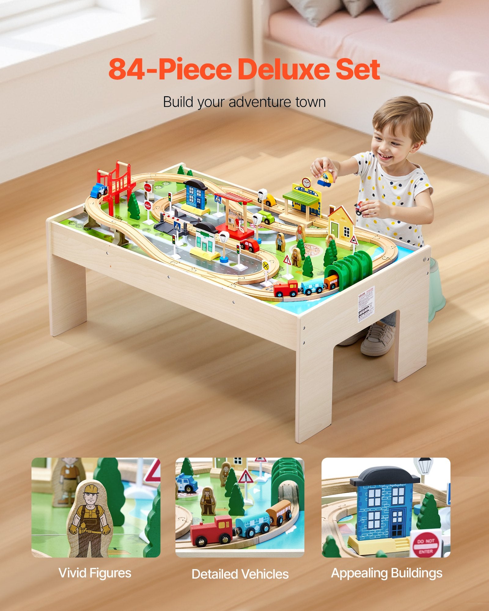 Train Table, 84 Multicolor Pieces Wooden Kids Activity Table with Collapsible Storage Bin, 3-in-1 Wooden V952-CGKHCZ382451O3JQK001V0