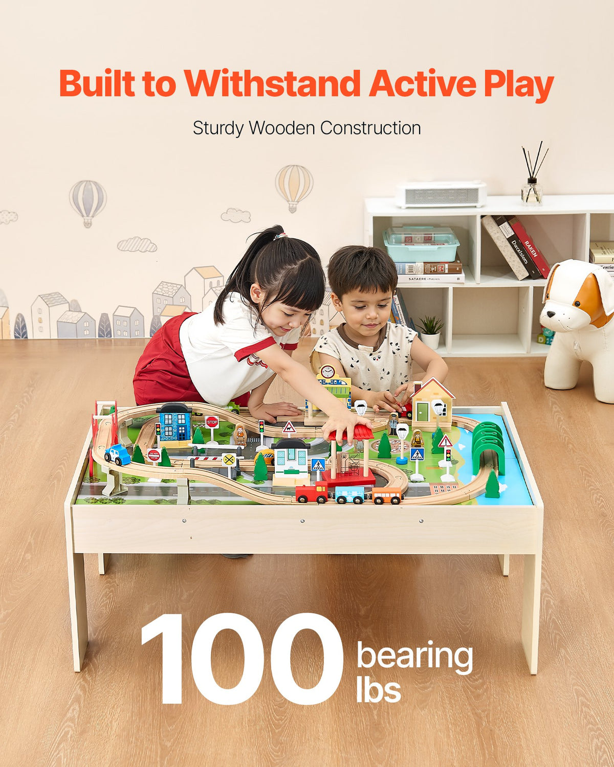 Train Table, 84 Multicolor Pieces Wooden Kids Activity Table with Collapsible Storage Bin, 3-in-1 Wooden V952-CGKHCZ382451O3JQK001V0