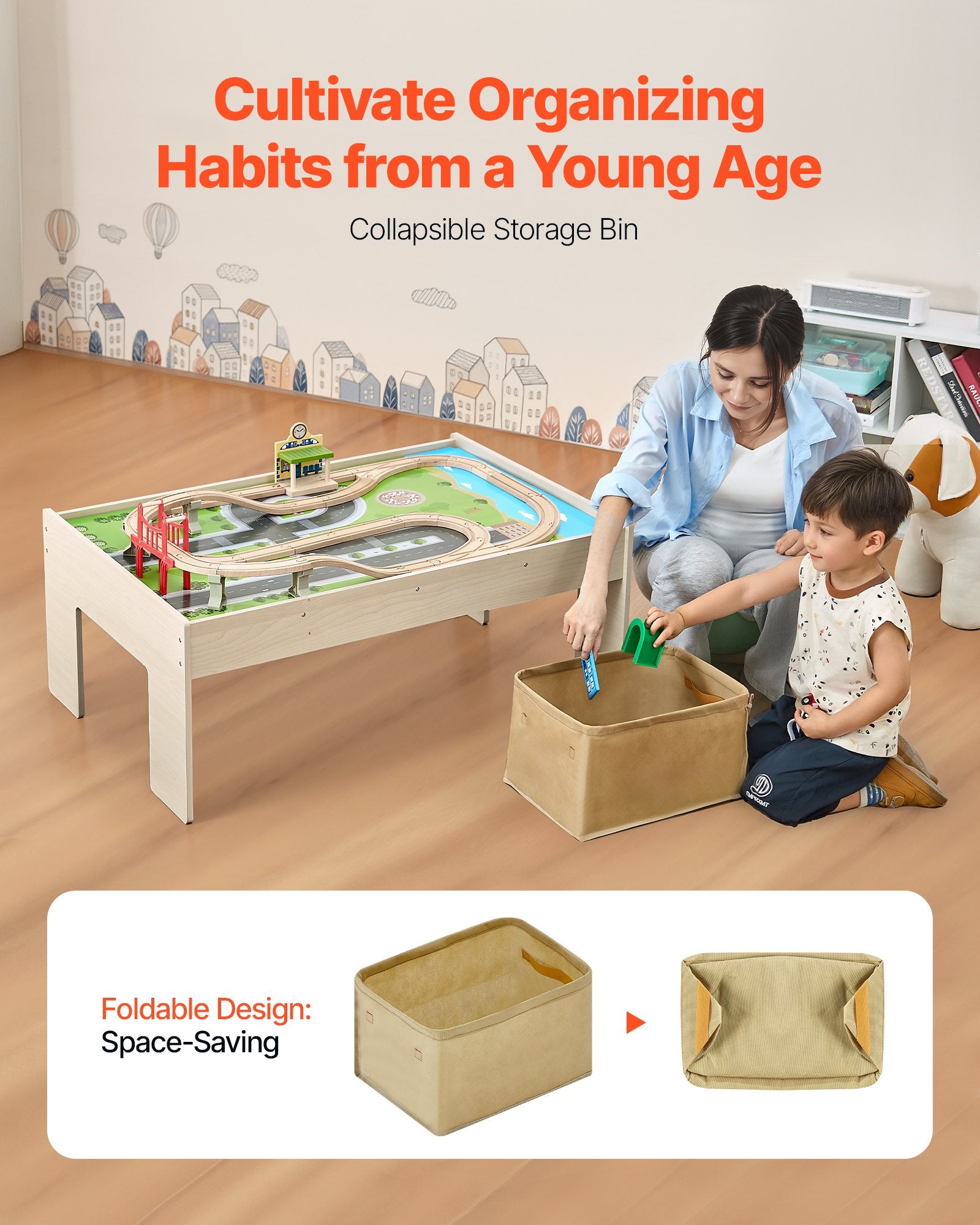 Train Table, 84 Multicolor Pieces Wooden Kids Activity Table with Collapsible Storage Bin, 3-in-1 Wooden V952-CGKHCZ382451O3JQK001V0