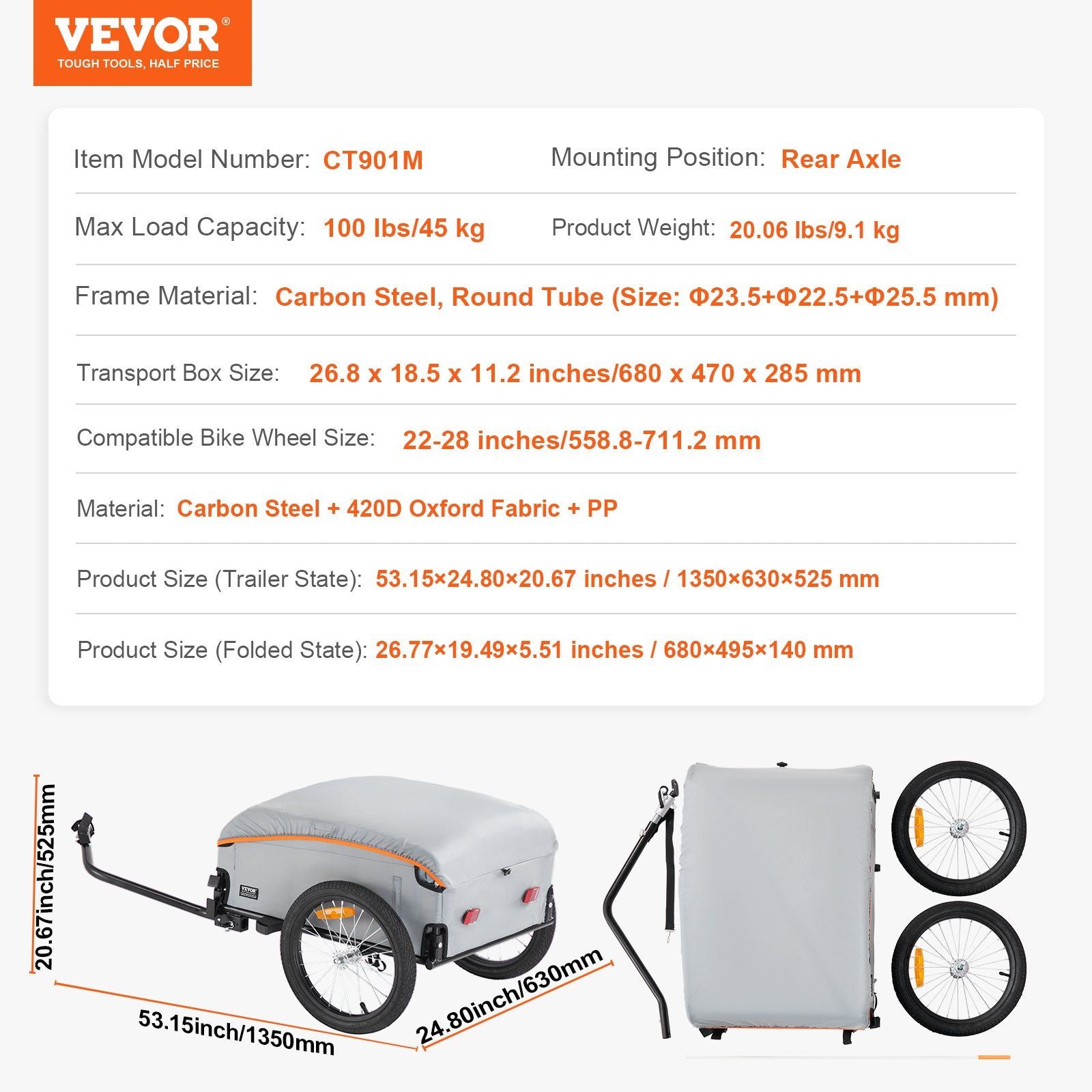 Bike Cargo Trailer, 88/100/160 lbs Load Capacity, Heavy-Duty Bicycle Wagon Cart, Foldable Compact Storage V952-CGKHZHJG100BMFBKOV0