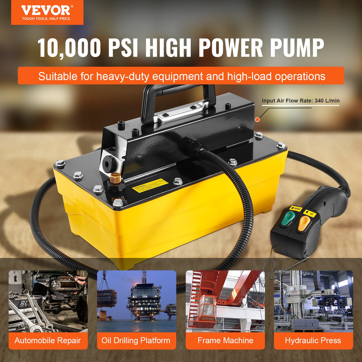 10,000PSI Air Hydraulic Pump, 2.3 L Reservoir, NPT 3/8 In Oil Outlet, NPT 1/4 In Inlet, Air Actuated Foot V952-CGKQBWDZYHS14O5B3V0