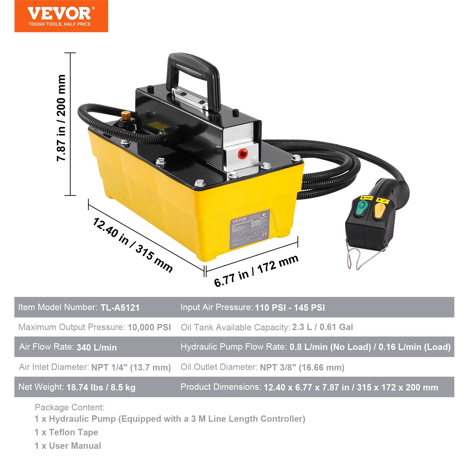 10,000PSI Air Hydraulic Pump, 2.3 L Reservoir, NPT 3/8 In Oil Outlet, NPT 1/4 In Inlet, Air Actuated Foot V952-CGKQBWDZYHS14O5B3V0