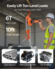 Manual Lever Chain Hoist, 6T 6000KG Capacity Heavy Duty Come Along, 3M Lift G80 Alloy Steel Chain With Dual V952-CGKSBHLHL6T1EG5BT001V0