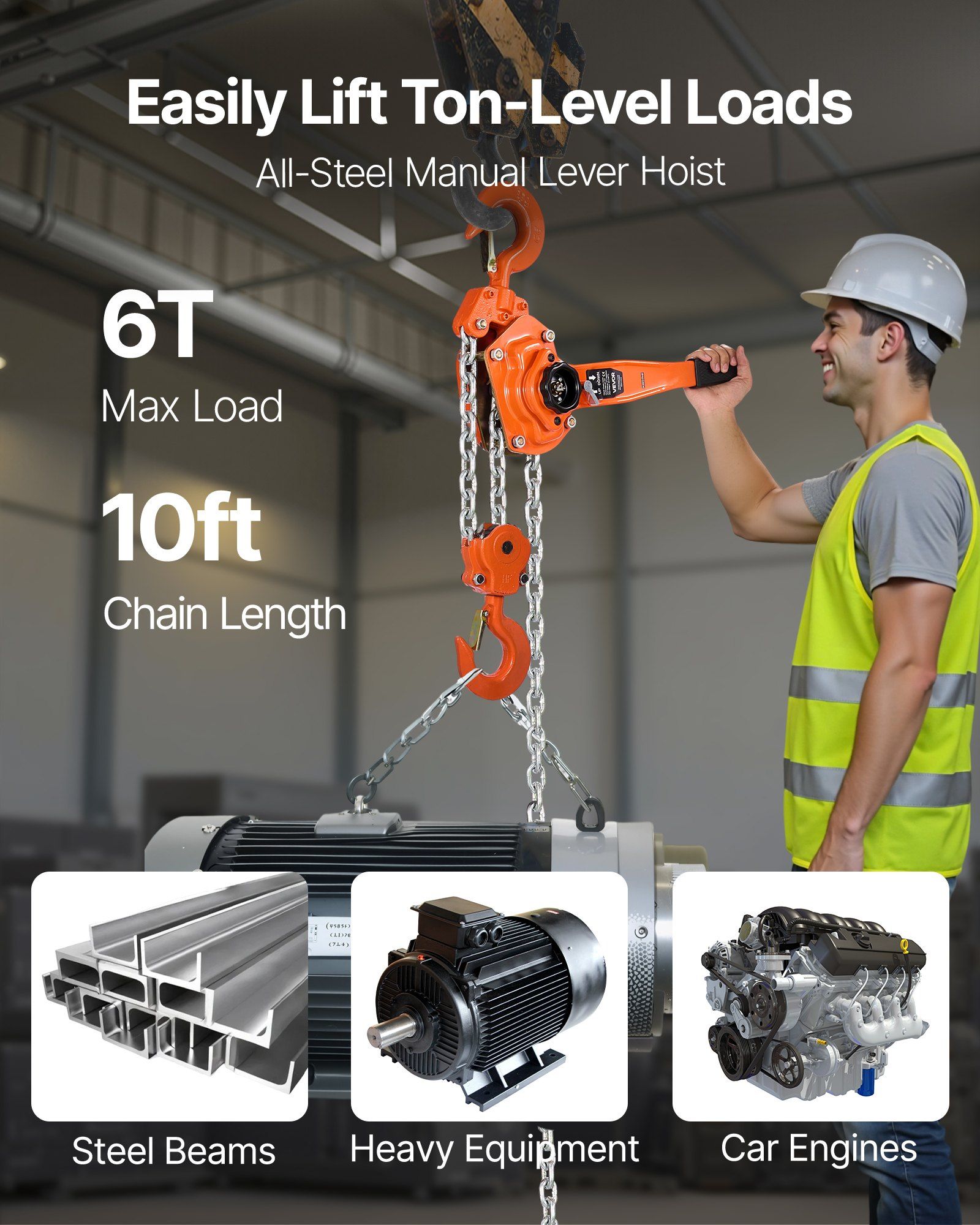 Manual Lever Chain Hoist, 6T 6000KG Capacity Heavy Duty Come Along, 3M Lift G80 Alloy Steel Chain With Dual V952-CGKSBHLHL6T1EG5BT001V0