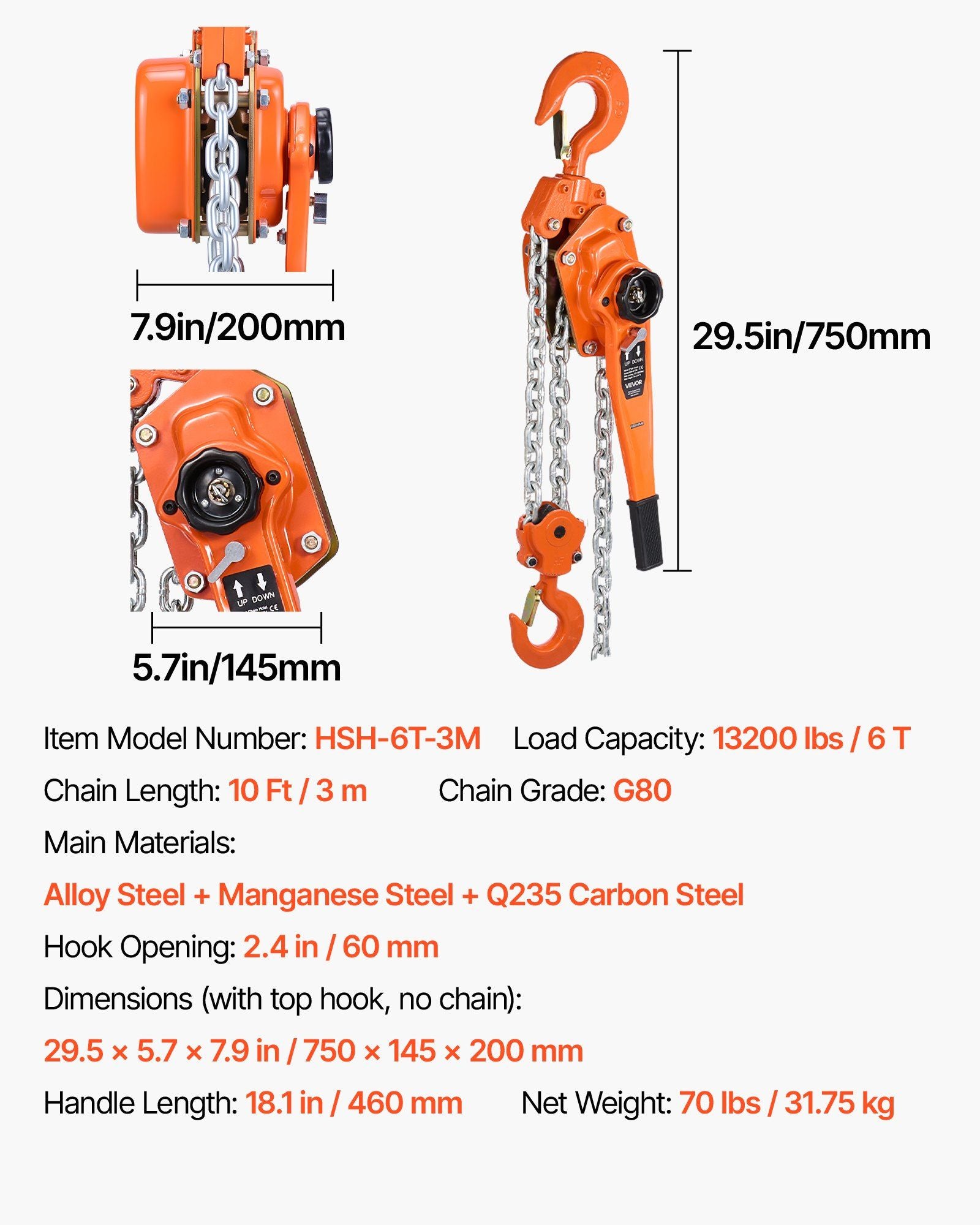 Manual Lever Chain Hoist, 6T 6000KG Capacity Heavy Duty Come Along, 3M Lift G80 Alloy Steel Chain With Dual V952-CGKSBHLHL6T1EG5BT001V0