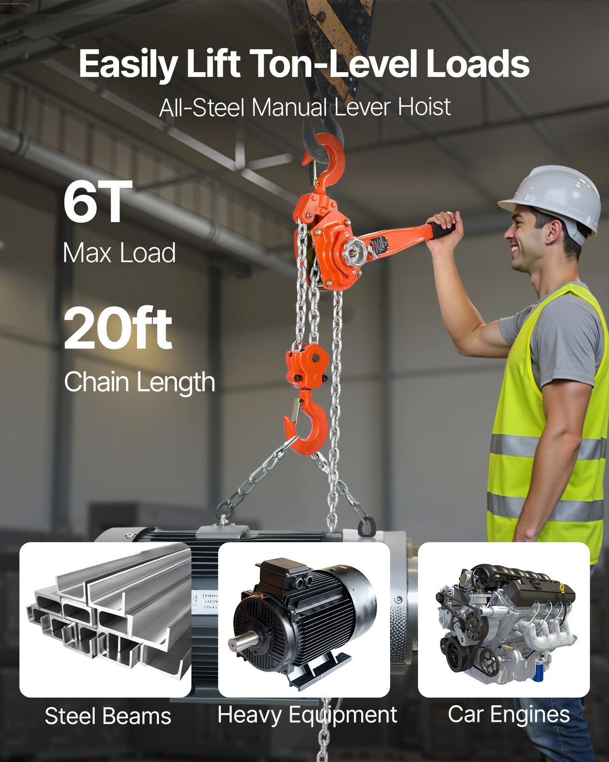 Manual Lever Chain Hoist, 6T 6000KG Capacity Heavy Duty Come Along, 6M Lift G80 Alloy Steel Chain With Dual V952-CGKSBHLHL6T2SKL28001V0