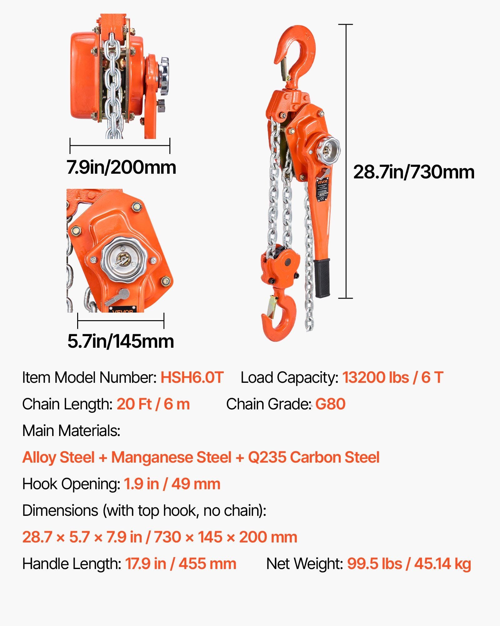 Manual Lever Chain Hoist, 6T 6000KG Capacity Heavy Duty Come Along, 6M Lift G80 Alloy Steel Chain With Dual V952-CGKSBHLHL6T2SKL28001V0
