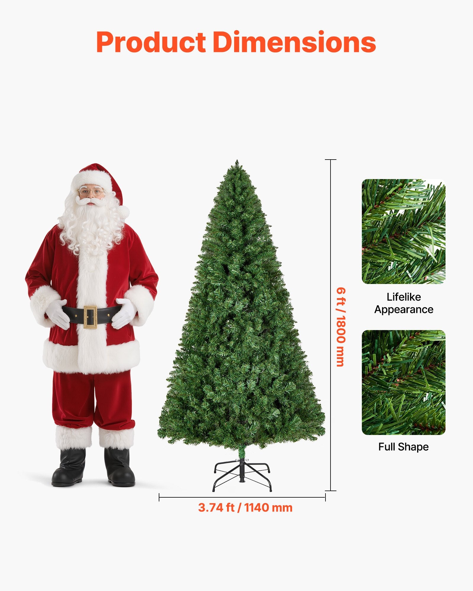 Christmas Tree, 1.8m Artificial Xmas Tree, Full Holiday Decor Trees with 1250 Branch Tips & Sturdy Metal Base V952-CGKSDSPVCLS6K87RZ001V0