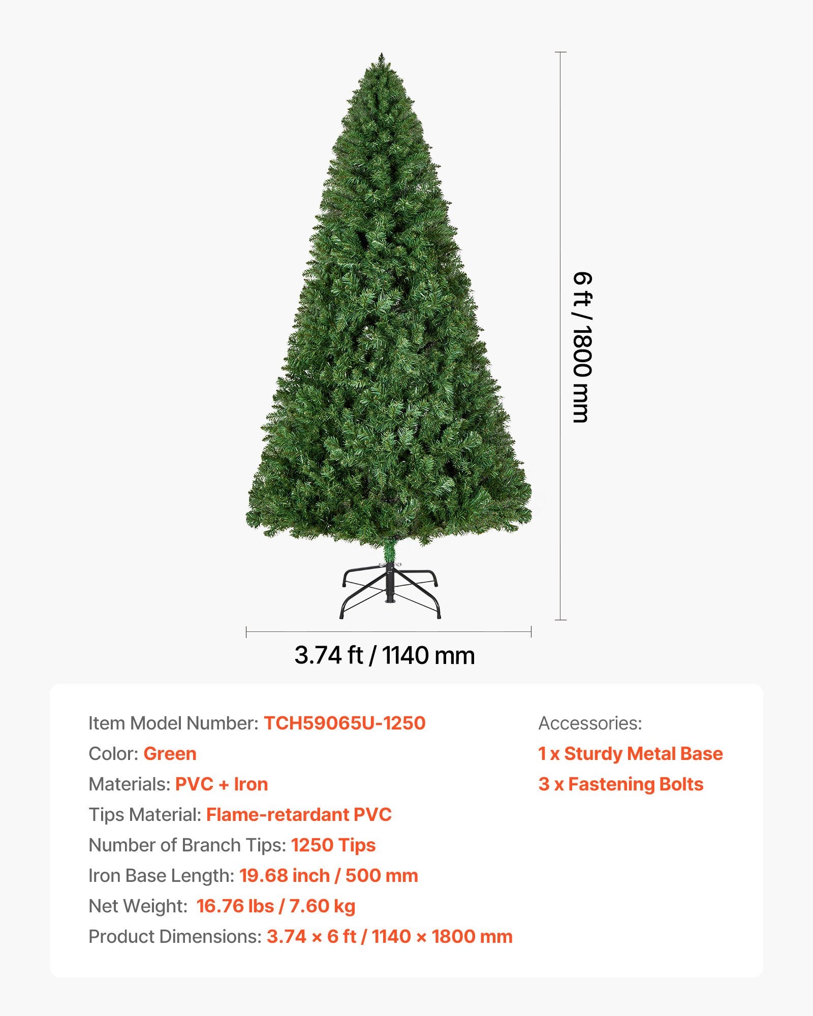 Christmas Tree, 1.8m Artificial Xmas Tree, Full Holiday Decor Trees with 1250 Branch Tips & Sturdy Metal Base V952-CGKSDSPVCLS6K87RZ001V0
