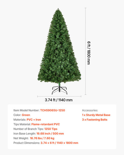 Christmas Tree, 1.8m Artificial Xmas Tree, Full Holiday Decor Trees with 1250 Branch Tips & Sturdy Metal Base V952-CGKSDSPVCLS6K87RZ001V0