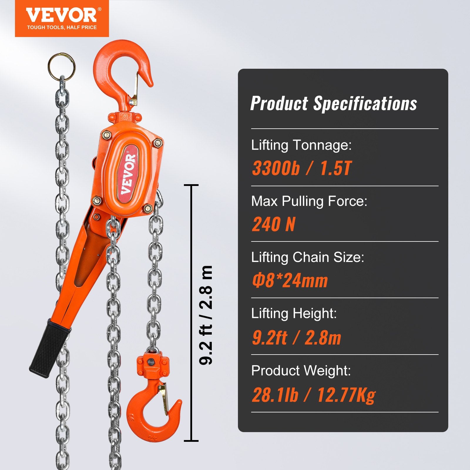 Manual Lever Chain Hoist, 1-1/2 Ton 3300 lbs Capacity 10 FT Come Along, G80 Galvanized Carbon Steel with V952-CGSBH112T10FTYOZ9V0