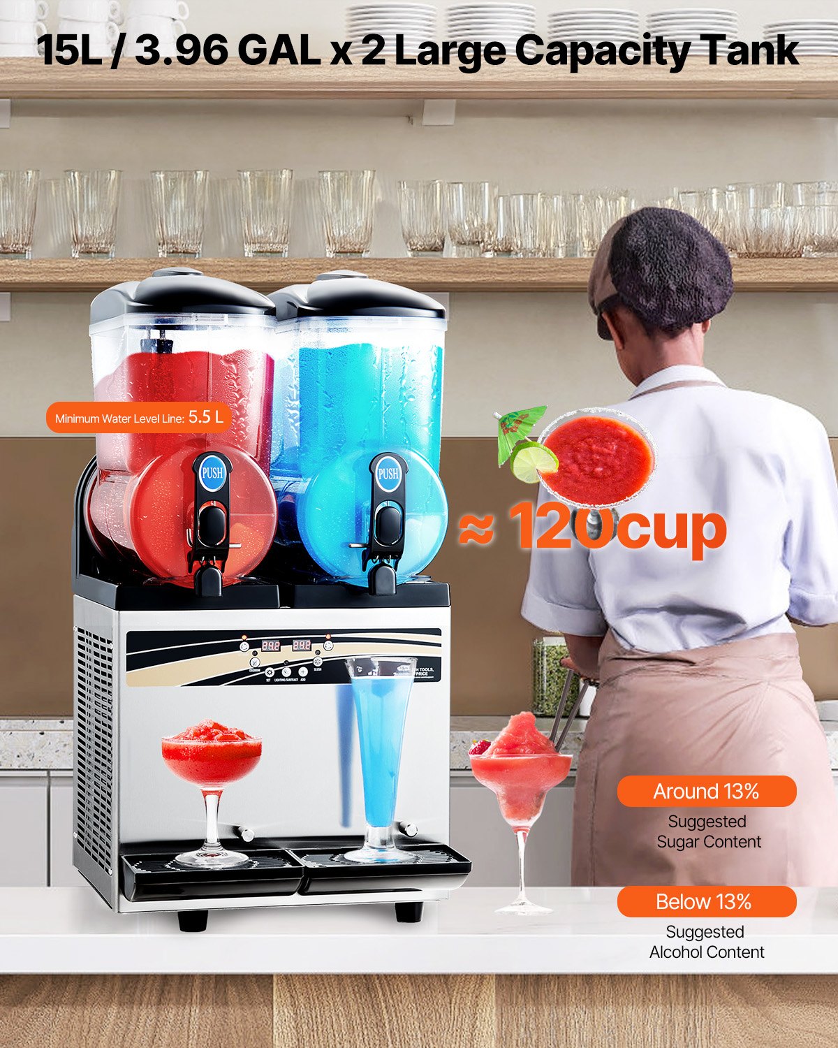 Commercial Frozen Drink Maker, 15Lx2 Double Tank Slushy Machine, 120 Cups Stainless Steel Margarita Smoothie V952-CGXXRJX215LSN1G19V3