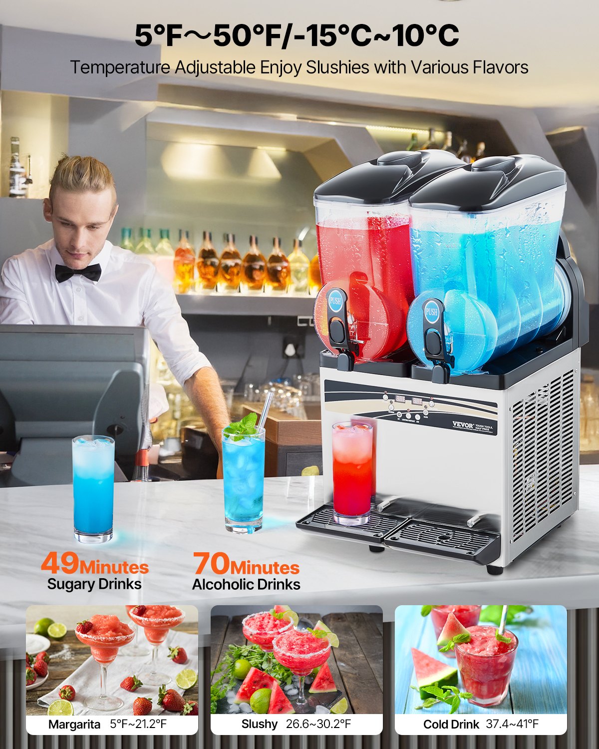 Commercial Frozen Drink Maker, 15Lx2 Double Tank Slushy Machine, 120 Cups Stainless Steel Margarita Smoothie V952-CGXXRJX215LSN1G19V3