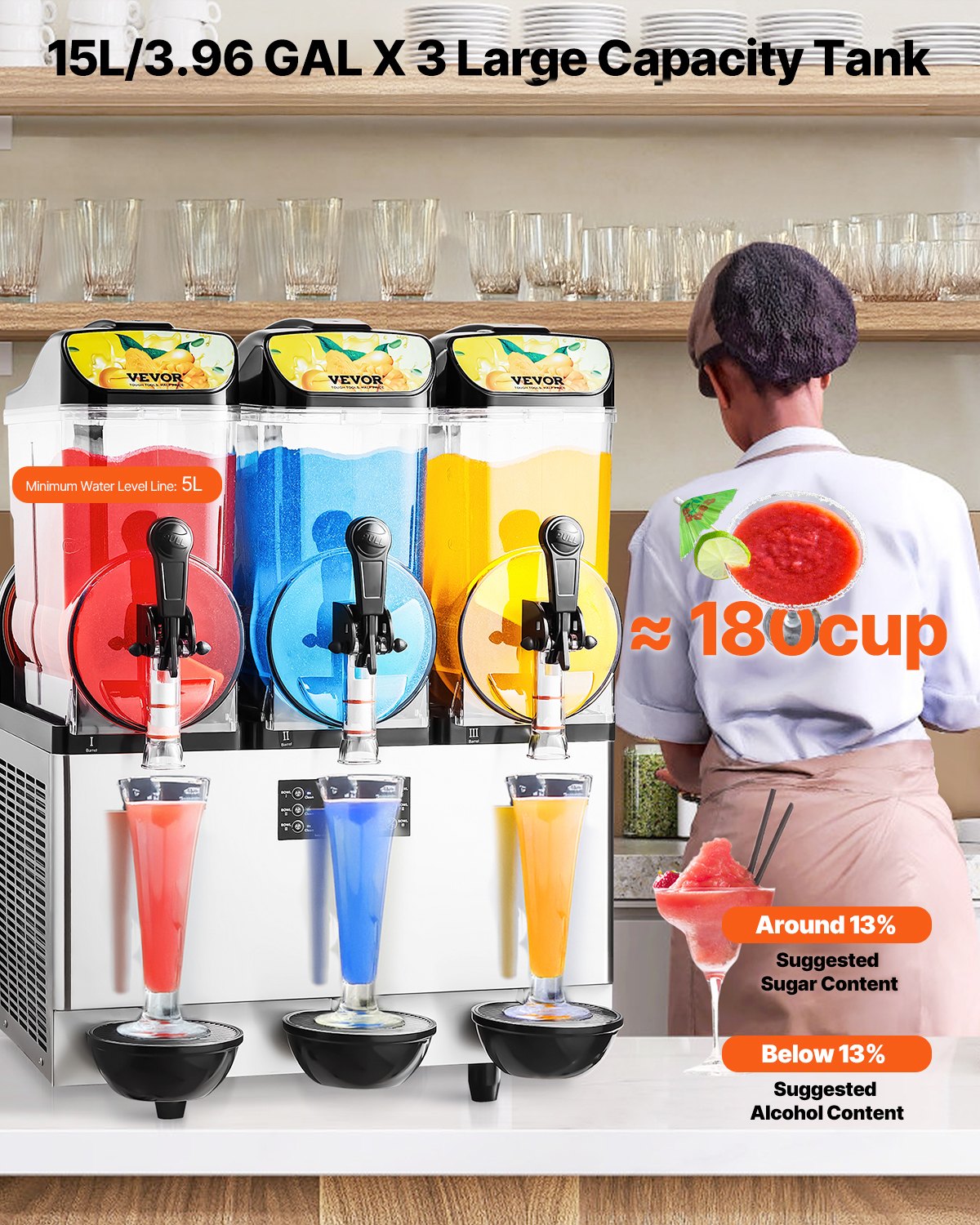 Commercial Frozen Drink Maker, 15Lx3 Triple Tank Slushy Machine, 180 Cups Stainless Steel Margarita Smoothie V952-CGXXRJX315LS56A98V3