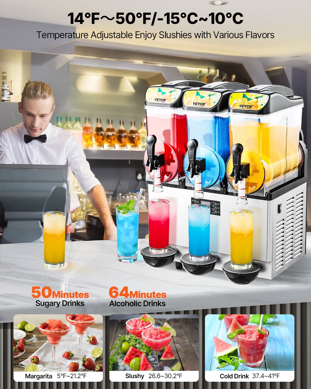 Commercial Frozen Drink Maker, 15Lx3 Triple Tank Slushy Machine, 180 Cups Stainless Steel Margarita Smoothie V952-CGXXRJX315LS56A98V3