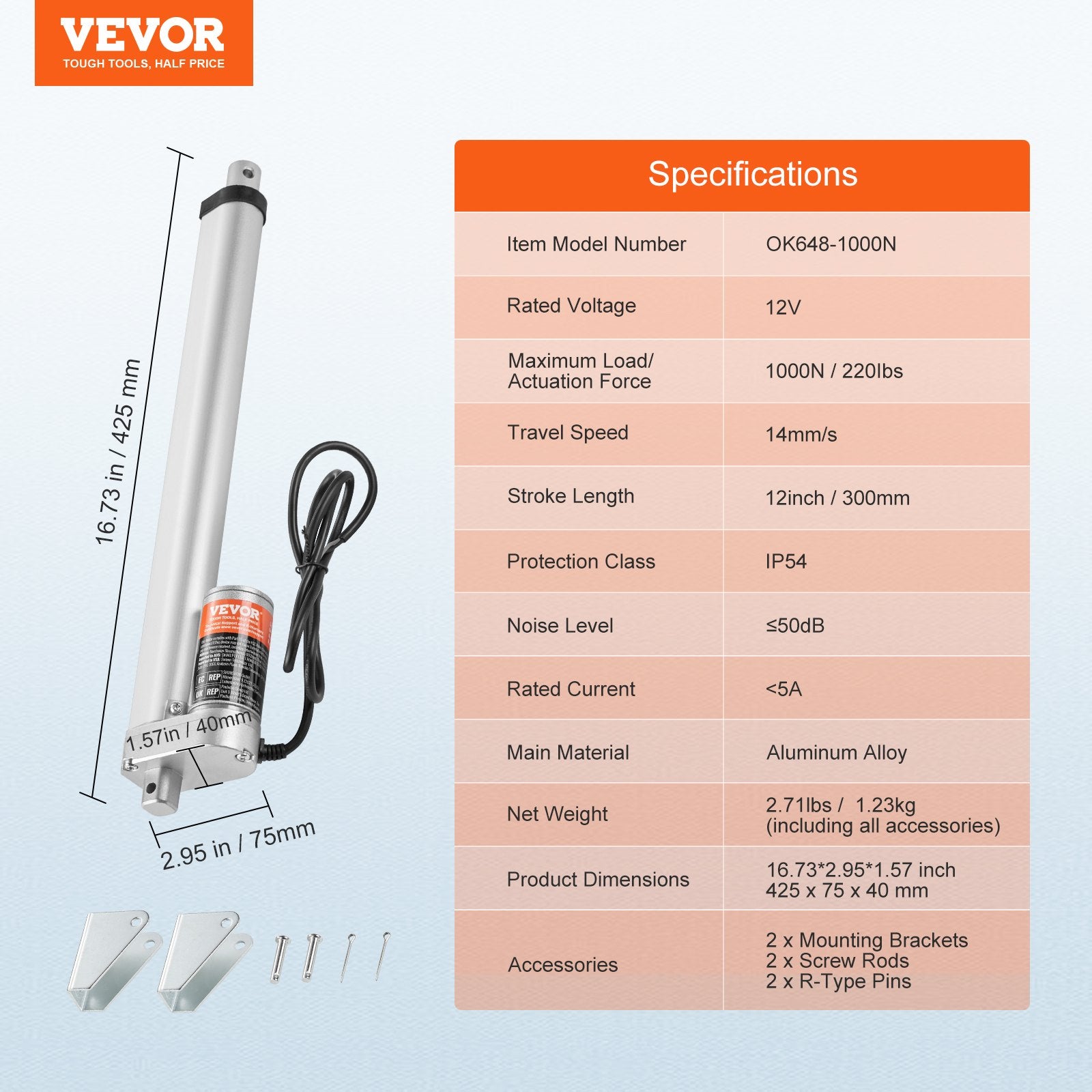 Linear Actuator 12V, 12 Inch High Speed 0.55"/s Linear Actuator, 220lbs/1000N Linear Motion Actuator with V952-CGXXZXQ12INC9PILMV9