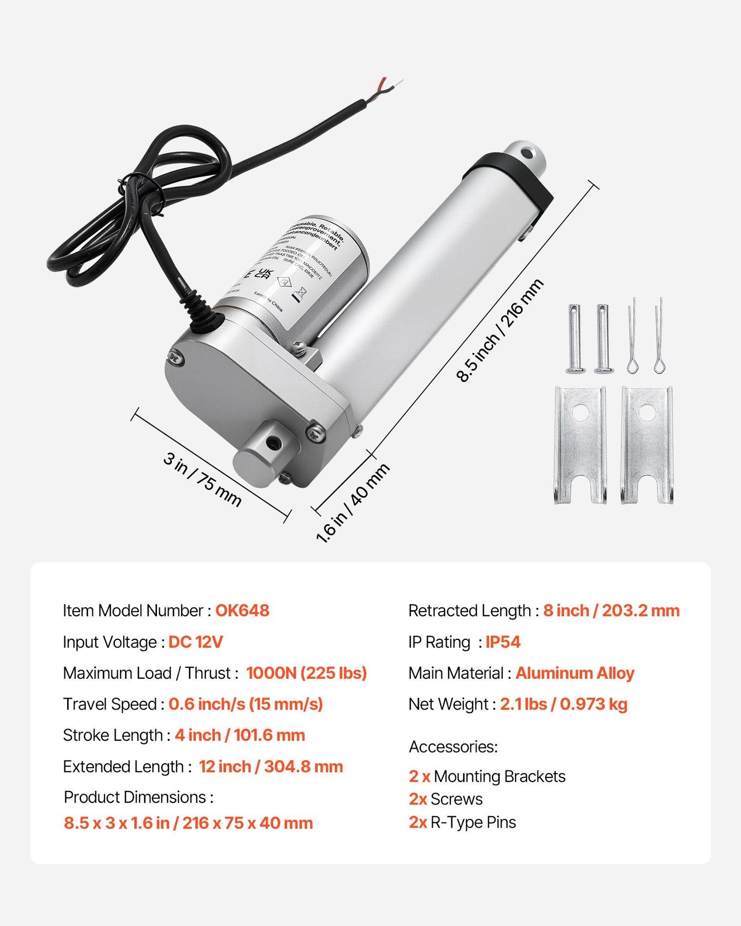 12V Linear Actuator, 101.6mm Stroke 15mm/s High-Speed 1000N Linear Motion Actuator - with IP54 Protection & V952-CGXXZXQ4INCHGND8J001V9