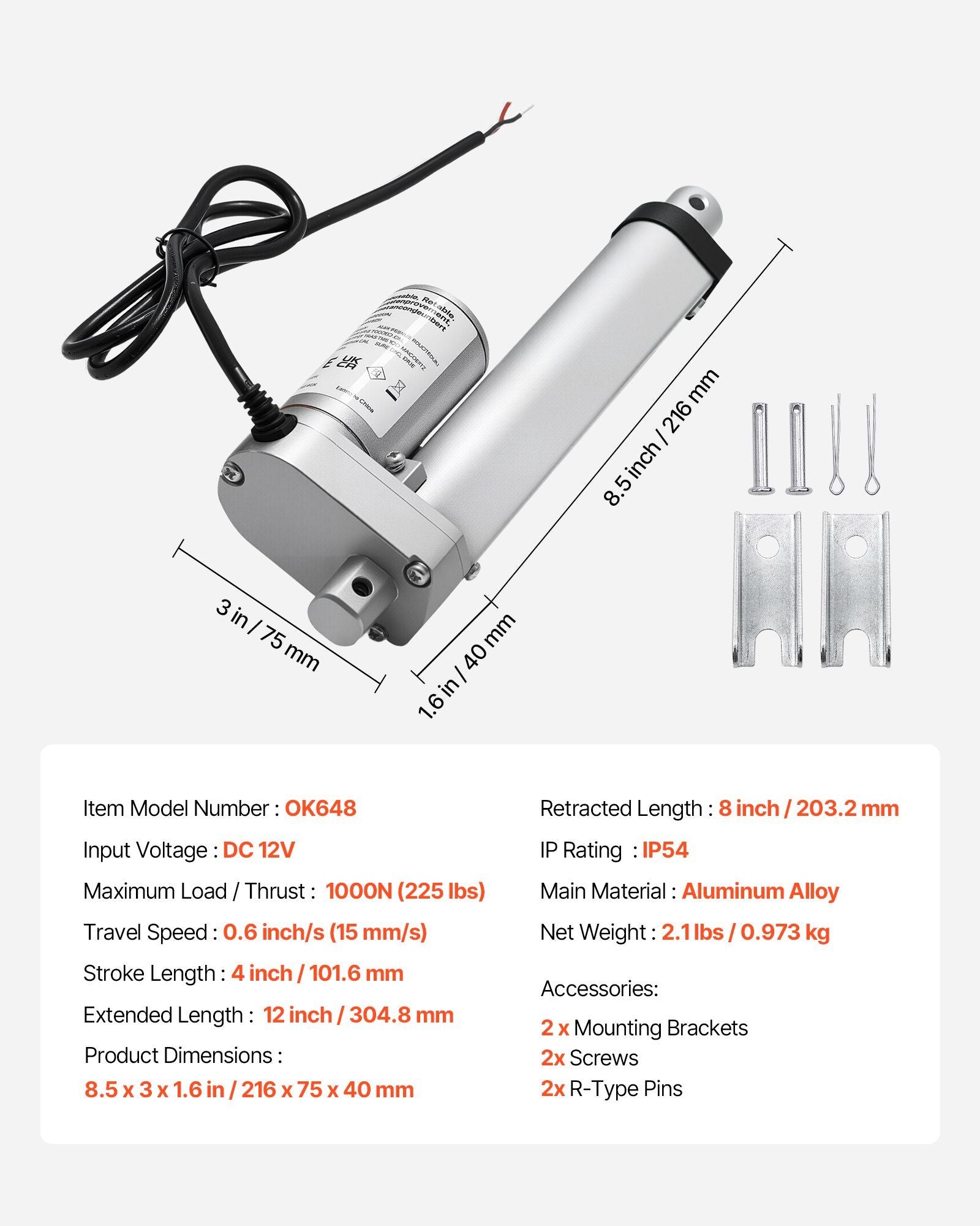 12V Linear Actuator, 101.6mm Stroke 15mm/s High-Speed 1000N Linear Motion Actuator - with IP54 Protection & V952-CGXXZXQ4INCHGND8J001V9