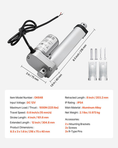 12V Linear Actuator, 101.6mm Stroke 15mm/s High-Speed 1000N Linear Motion Actuator - with IP54 Protection & V952-CGXXZXQ4INCHGND8J001V9