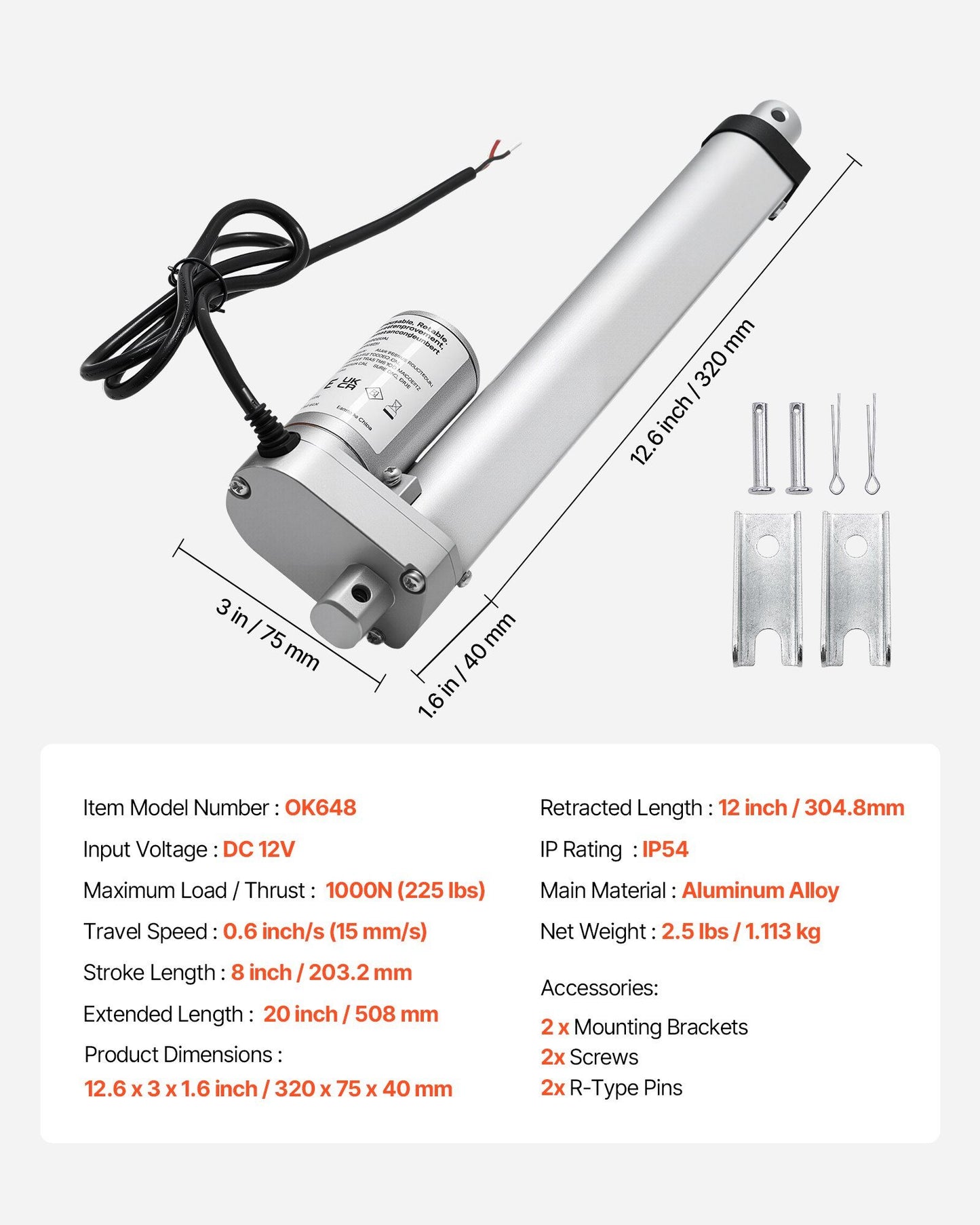 12V Linear Actuator, 203.2mm Stroke 15mm/s High-Speed 1000N Linear Motion Actuator - with IP54 Protection & V952-CGXXZXQ8INCHM2C9A001V9