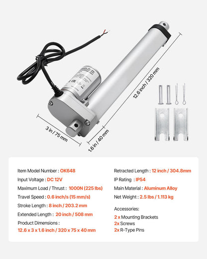 12V Linear Actuator, 203.2mm Stroke 15mm/s High-Speed 1000N Linear Motion Actuator - with IP54 Protection & V952-CGXXZXQ8INCHM2C9A001V9