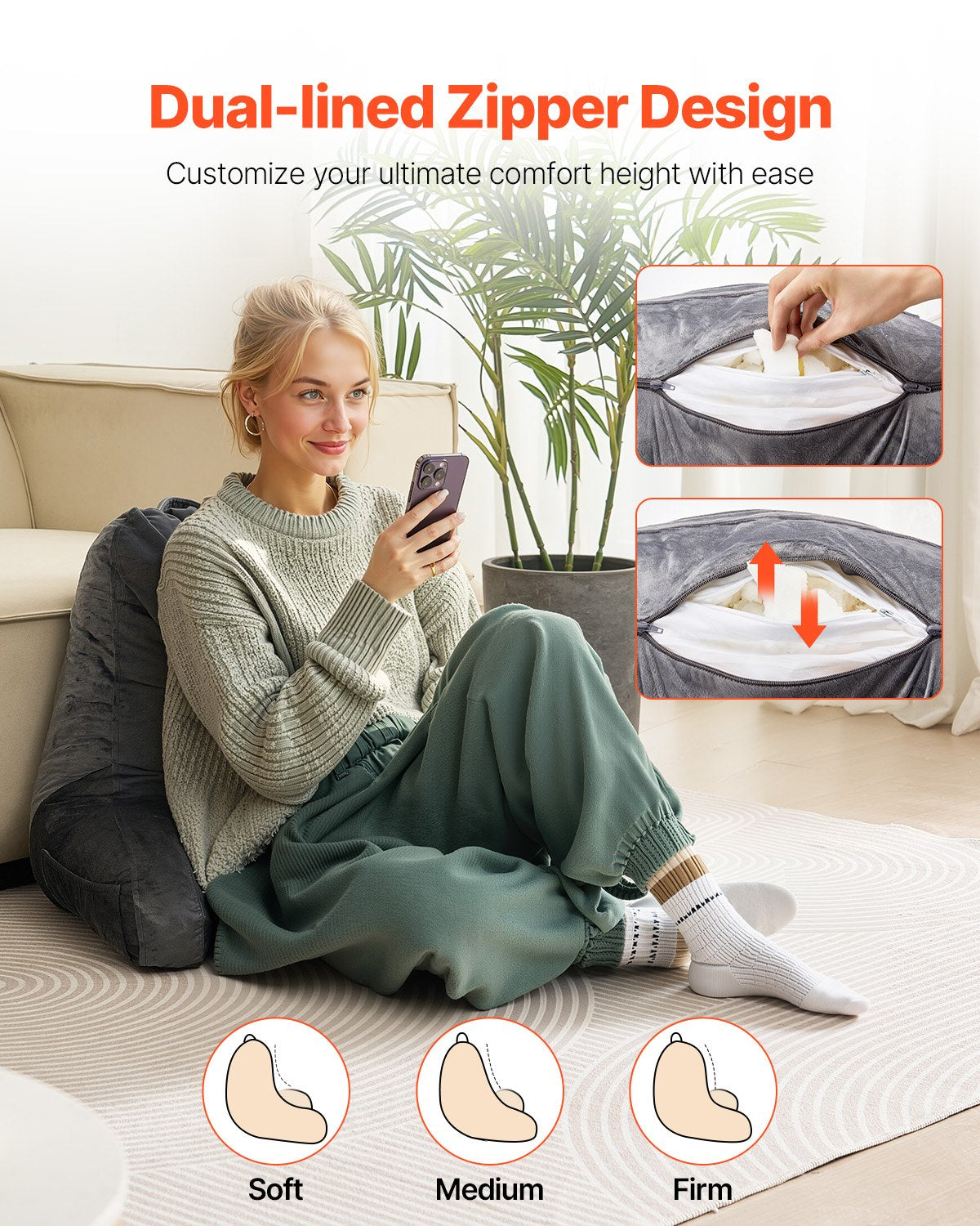 Reading Pillow, Large Size Bed Pillow with Shredded Memory Foam, Back Pillow with 3 Pockets and Washable V952-CGYDZLARGECCBPI8C001V0