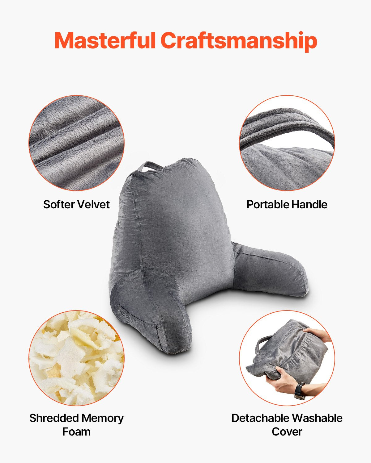 Reading Pillow, Large Size Bed Pillow with Shredded Memory Foam, Back Pillow with 3 Pockets and Washable V952-CGYDZLARGECCBPI8C001V0