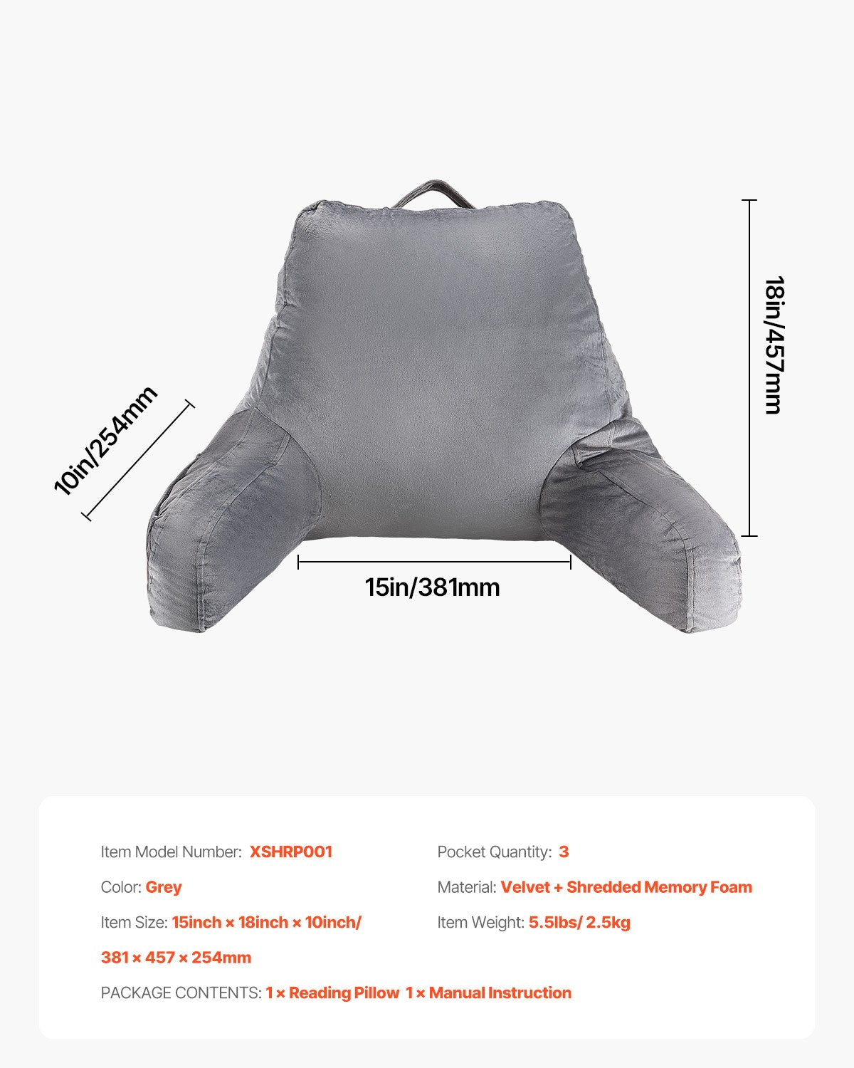 Reading Pillow Standard Size Bed Pillow with Shredded Memory Foam Washable V952-CGYDZSTANDARWEC2U001V0