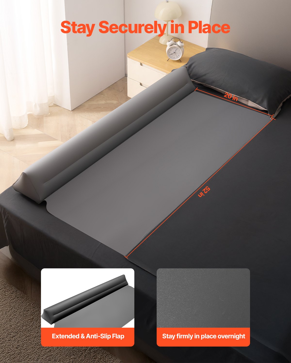 Bed Bumper for Toddlers, 52-inch Inflatable Bed Guard Rail with Safety Flap, Non-Slip TPU Toddler Bedrail V952-CHCQ2GZ52INCJYJXVV0