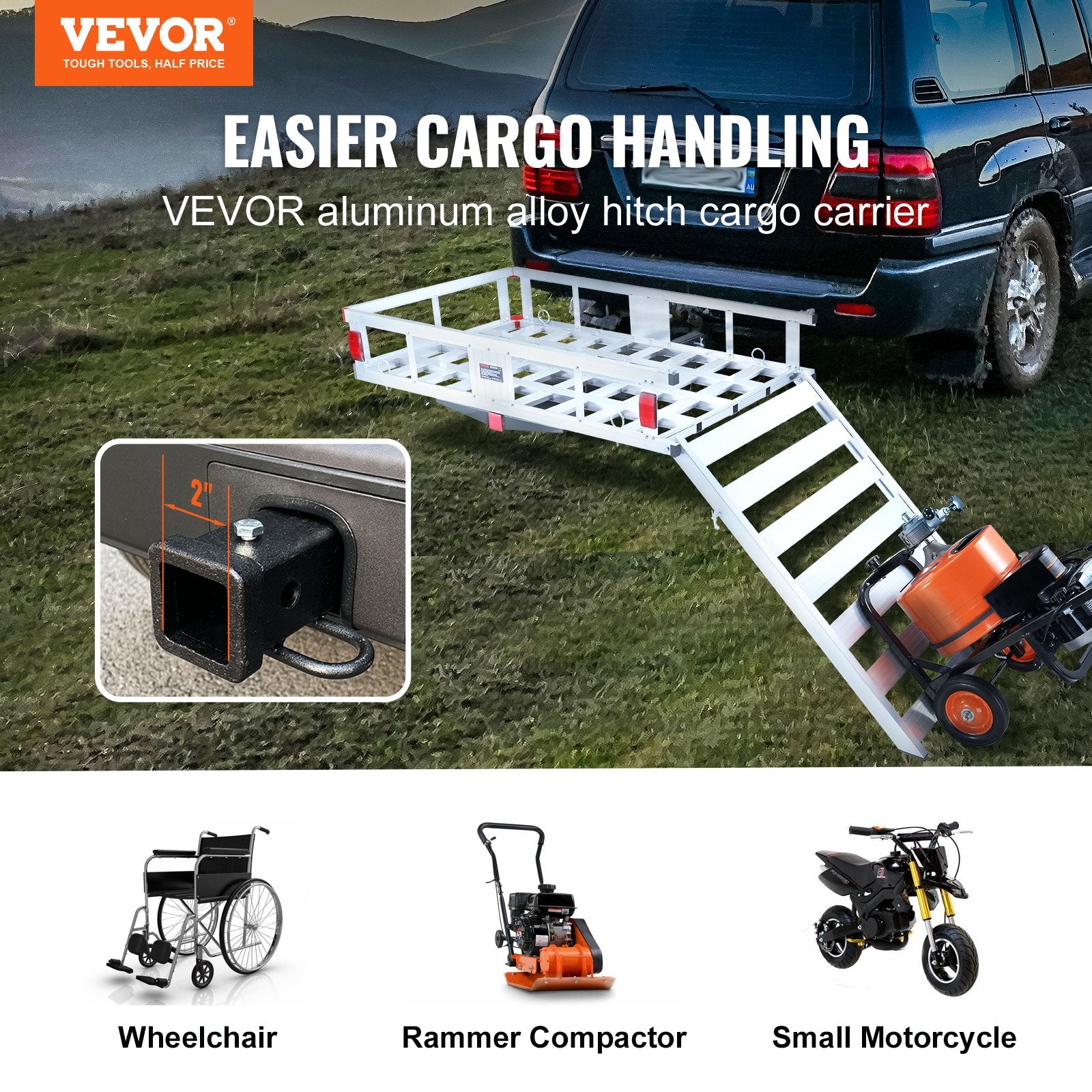 50 x 29.5 x 8.7 in Hitch Cargo Carrier, 500lb Capacity Trailer Hitch Mount Aluminum Cargo Basket with Folding V952-CHXLK47286500HPGUV0