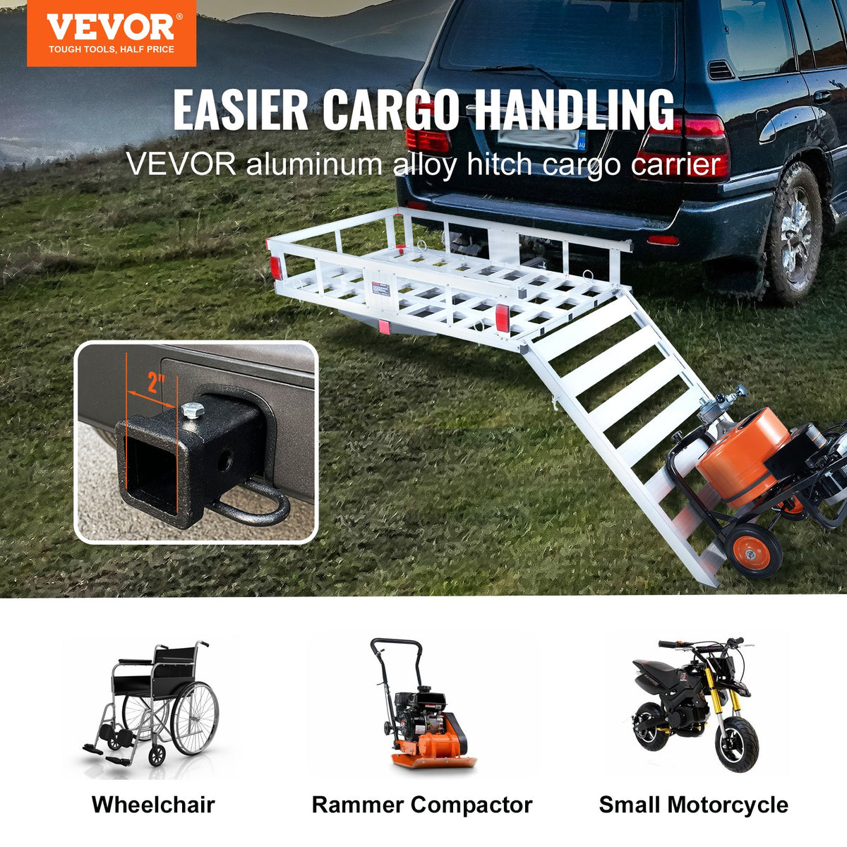 50 x 29.5 x 8.7 in Hitch Cargo Carrier, 500lb Capacity Trailer Hitch Mount Aluminum Cargo Basket with Folding V952-CHXLK47286500HPGUV0