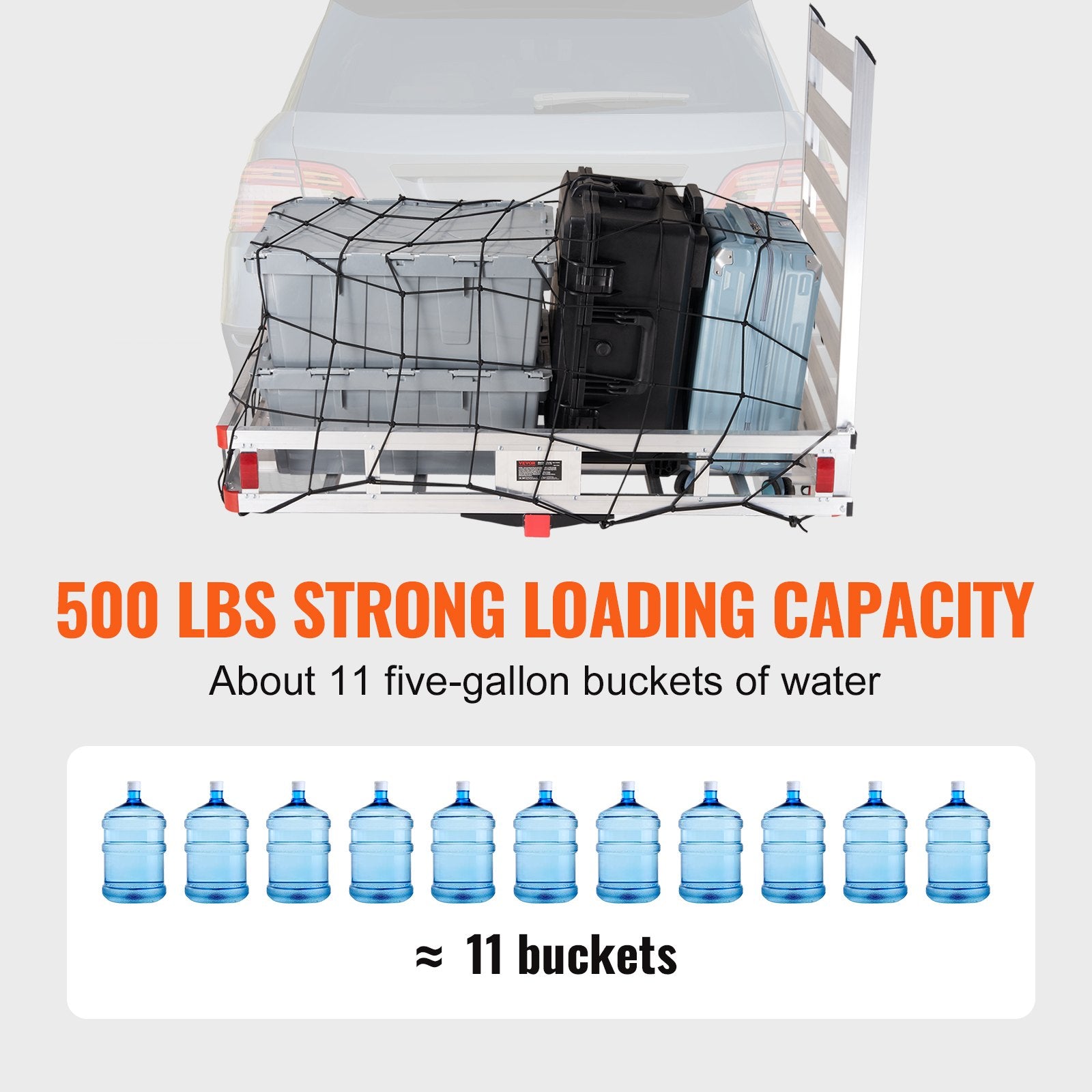 50 x 29.5 x 8.7 in Hitch Cargo Carrier, 500lb Capacity Trailer Hitch Mount Aluminum Cargo Basket with Folding V952-CHXLK47286500HPGUV0