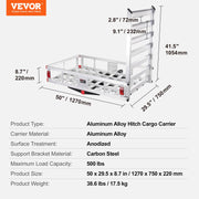 50 x 29.5 x 8.7 in Hitch Cargo Carrier, 500lb Capacity Trailer Hitch Mount Aluminum Cargo Basket with Folding V952-CHXLK47286500HPGUV0