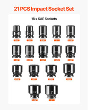 3/4 in Drive Impact Socket Set, 21 Pieces SAE 3/4 in to 2 in, 6 Point Cr-V Alloy Steel for Auto Repair, V952-CJ1CRV2134SAERCDUV0